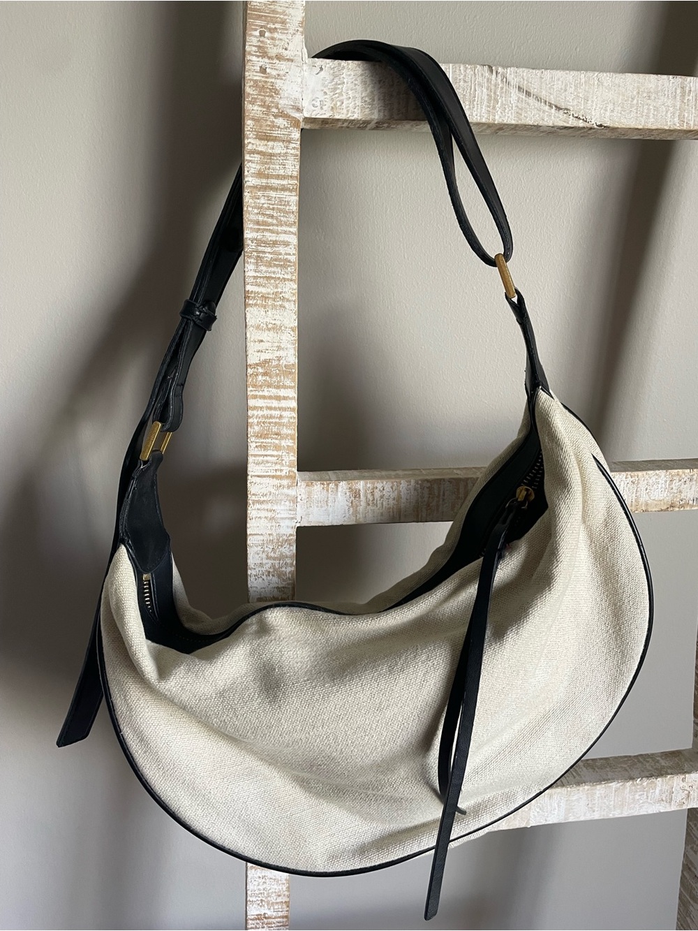 Zara Cream and Black Crescent Hobo Shoulder Bag